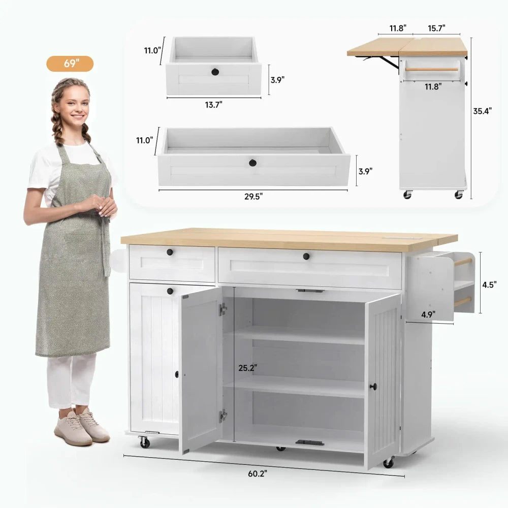 Rolling Mobile Kitchen Island with Power Outlet