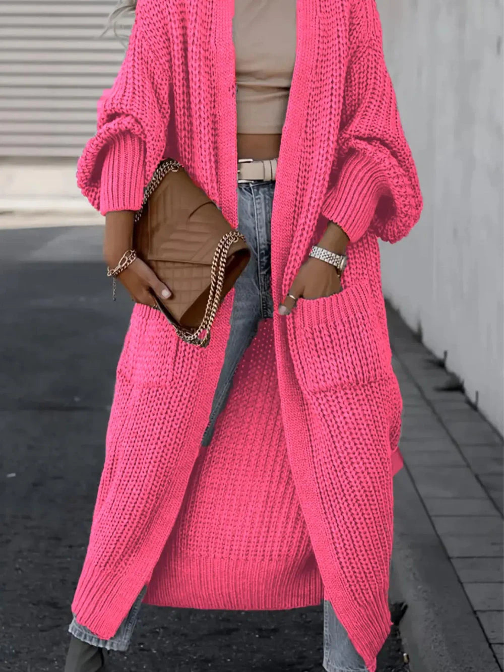 Drop Shoulder Long Knit Cardigan