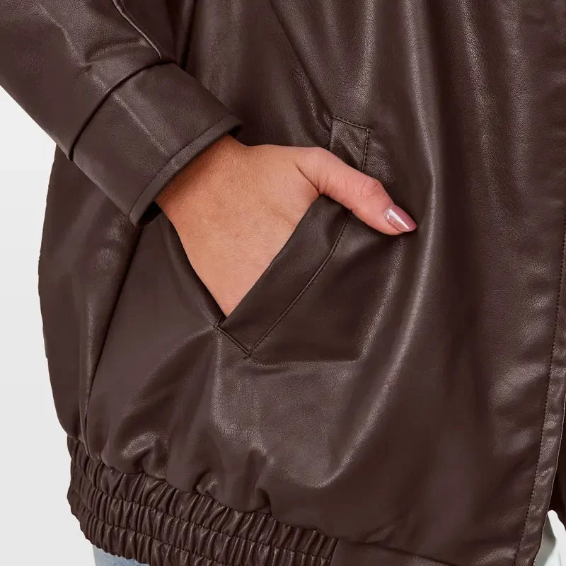 Faux Suede Leather Bomber Coat