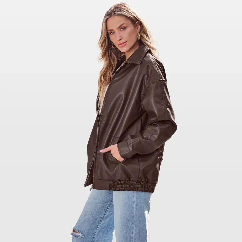 Faux Suede Leather Bomber Coat