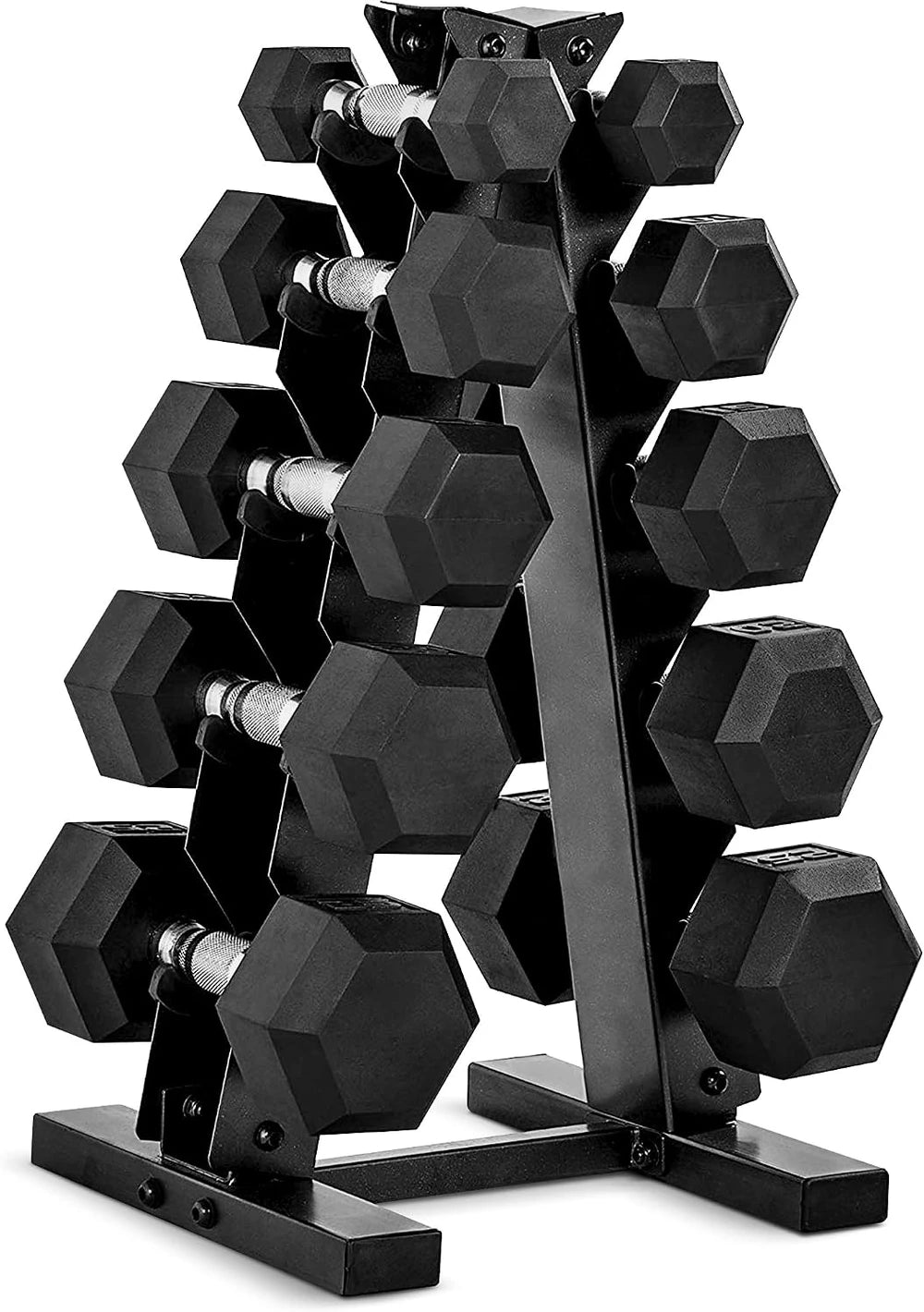 Rubber Hex Dumbbell Set with Vertical Storage Rack