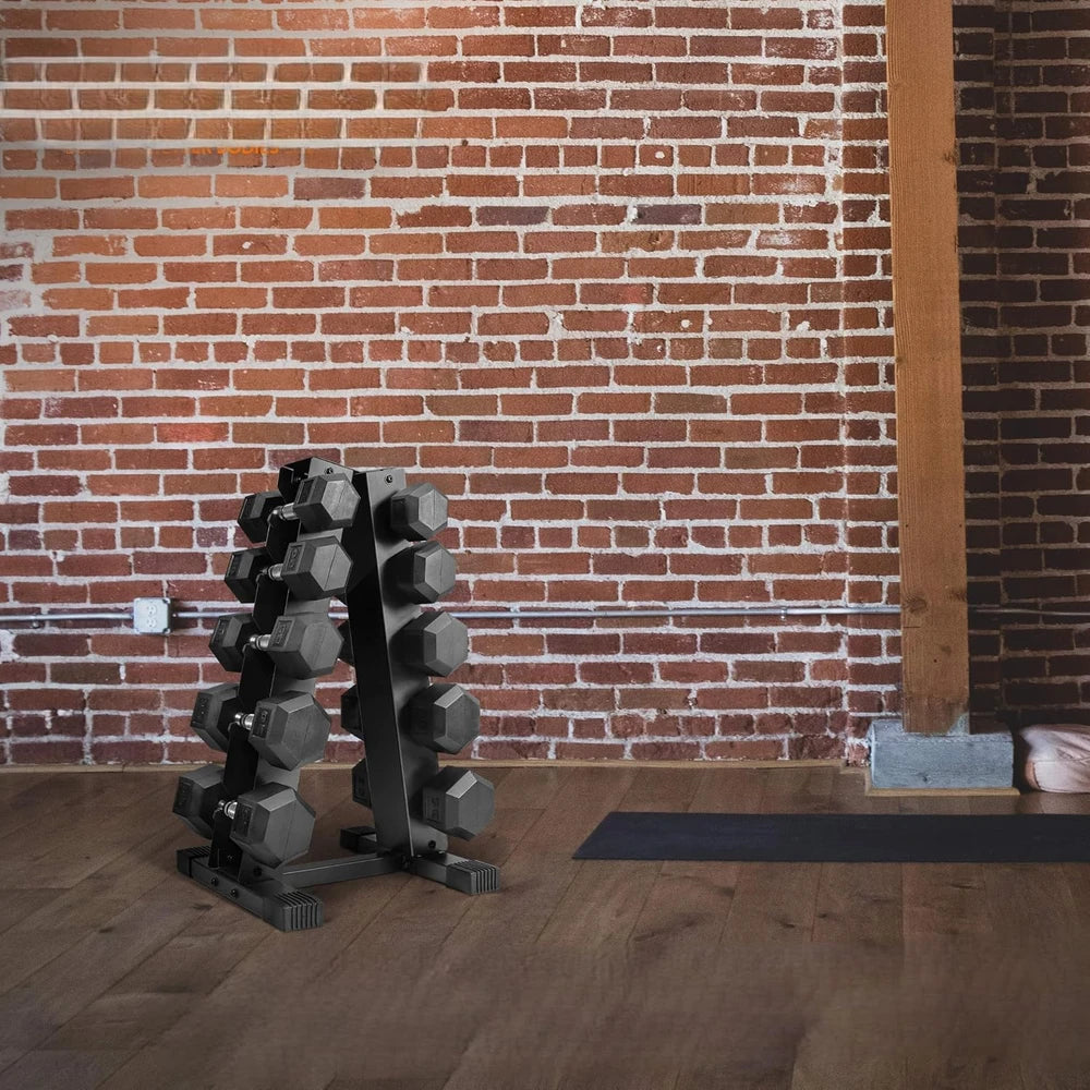 Rubber Hex Dumbbell Set with Vertical Storage Rack