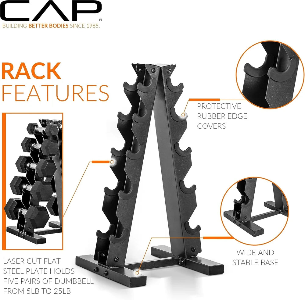 Rubber Hex Dumbbell Set with Vertical Storage Rack