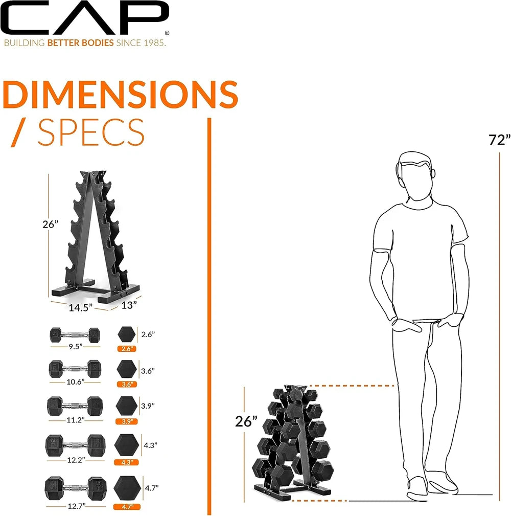 Rubber Hex Dumbbell Set with Vertical Storage Rack