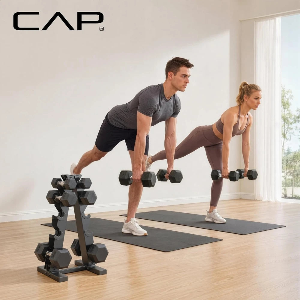Rubber Hex Dumbbell Set with Vertical Storage Rack