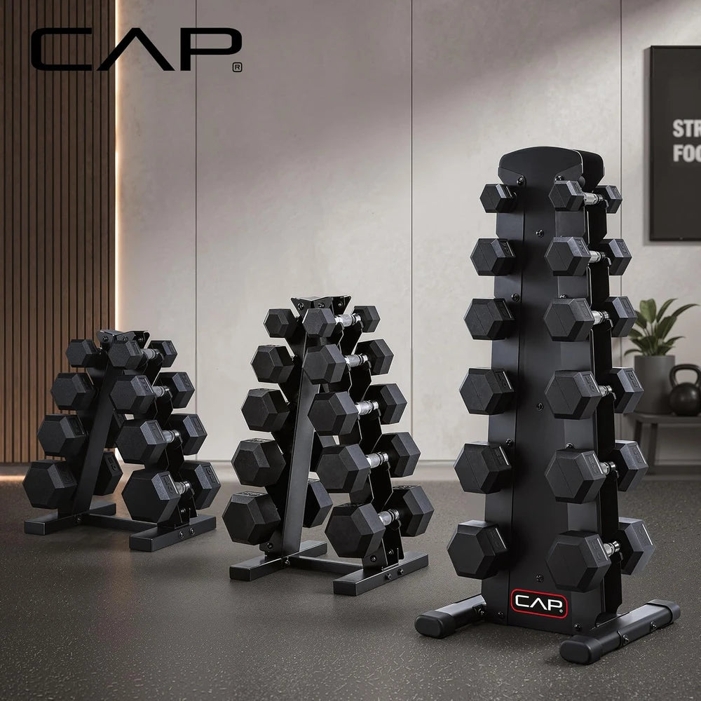 Rubber Hex Dumbbell Set with Vertical Storage Rack