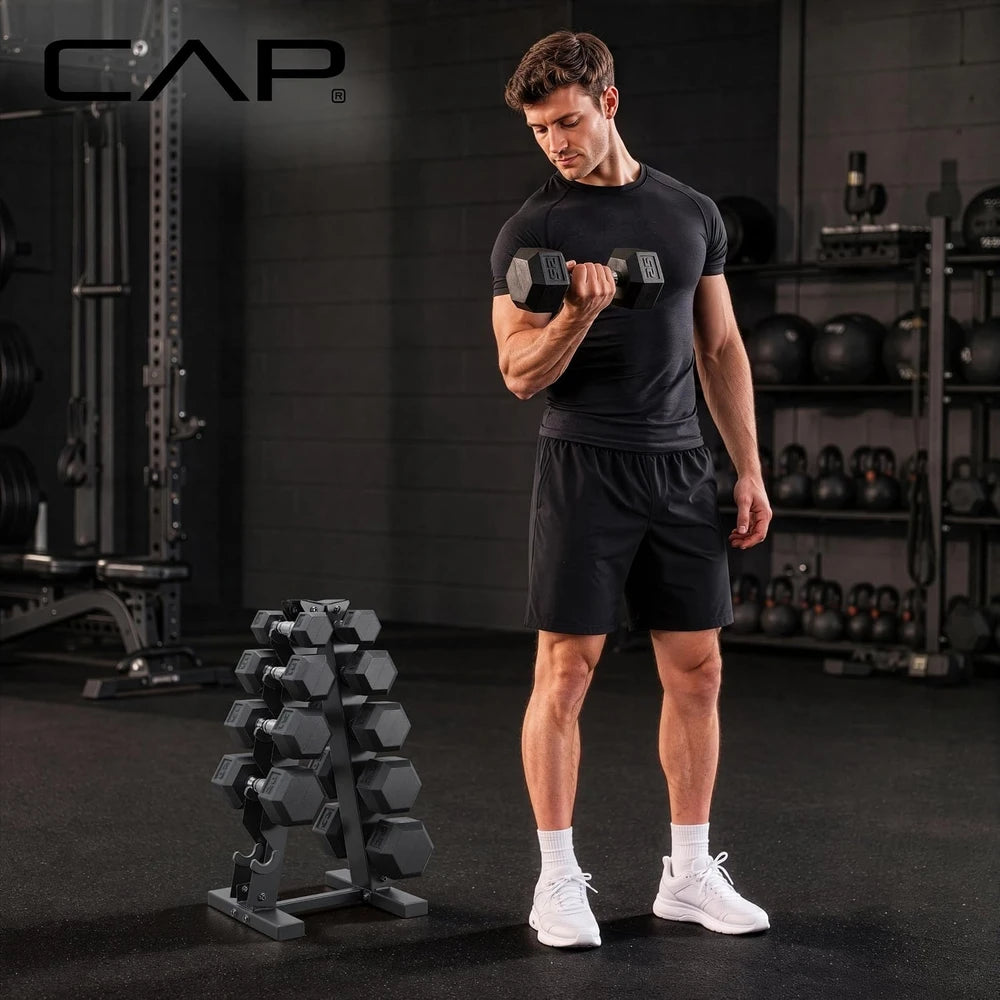 Rubber Hex Dumbbell Set with Vertical Storage Rack