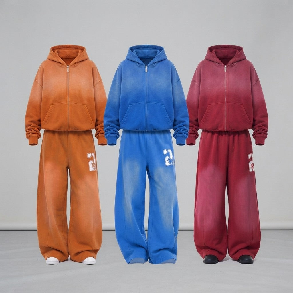 Washed Fleece Zip Up Hoodie Set