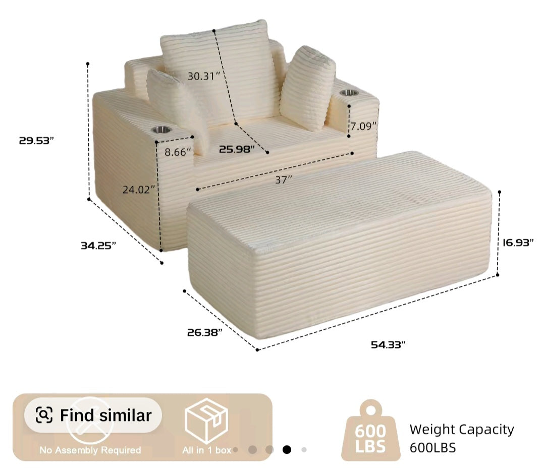 SOUTTEE 64" Depth Boneless Plush Corduroy Chaise Lounge